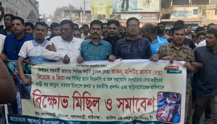 পলাশবাড়ীতে বিএনপি’র বিক্ষোভ ও সমাবেশ: হামলা-অগ্নিসংযোগের প্রতিবাদ
